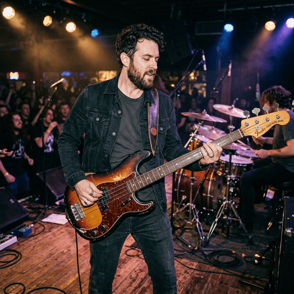 Bassist performing onstage with drummer and crowd under colorful lights